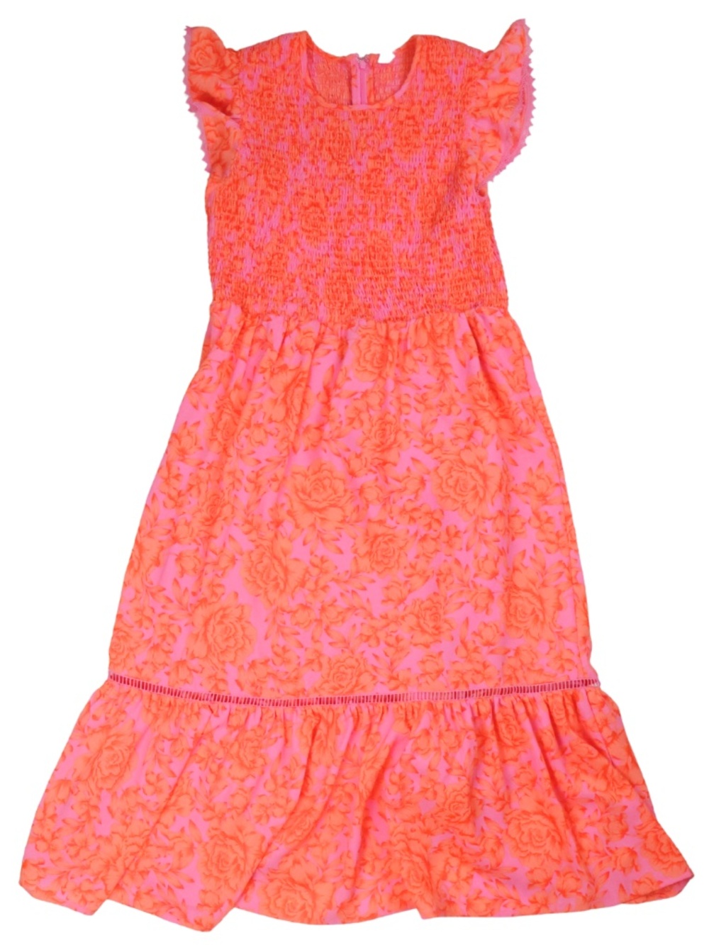 Melrose & Market Pink Orange Floral Smocked Midi Dress Flutter Sleeve L